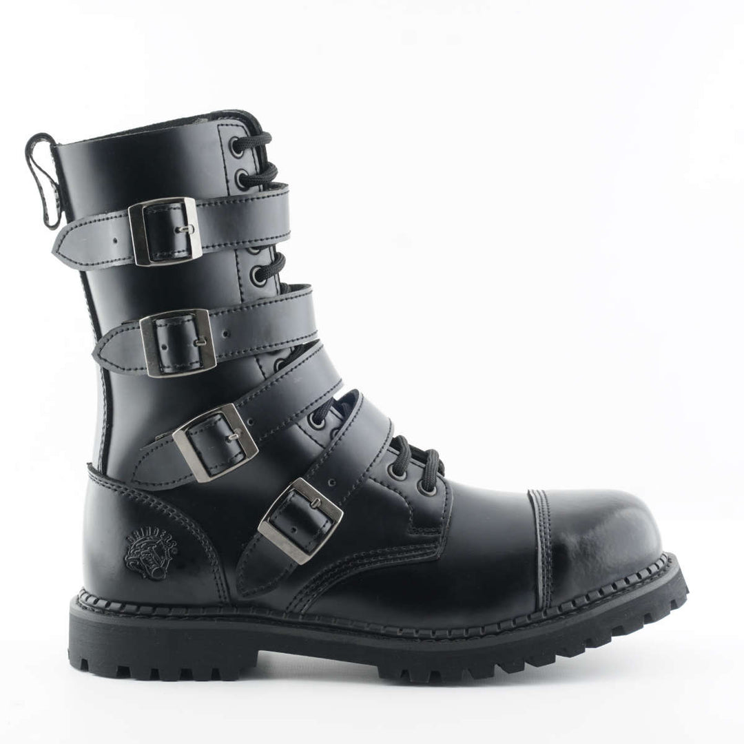 Grinders QUAD 14 Eyelet New Steel Toe Cap Rock 4 Buckle Boots Black Leather