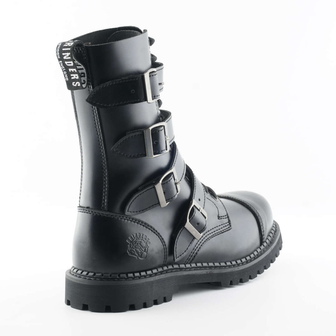 Grinders QUAD 14 Eyelet New Steel Toe Cap Rock 4 Buckle Boots Black Leather